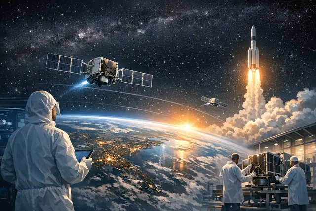 Artist's rendering of a satellite orbiting in Very Low Earth Orbit with the Earth's curved horizon and atmospheric glow visible in the background, representing NewOrbit's NEO-1 mis