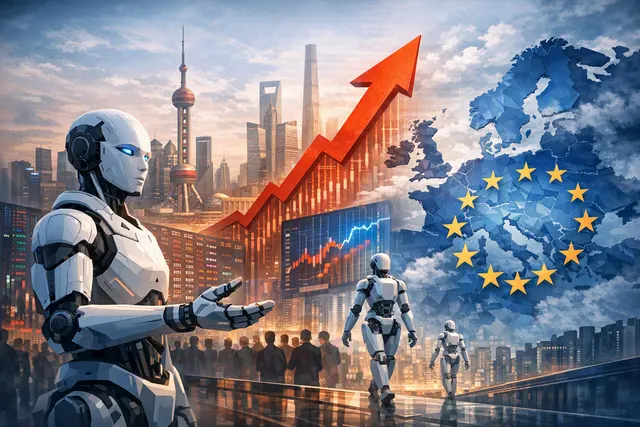 Humanoid robot beside a Shanghai stock-market display representing Unitree’s IPO and China’s robotics industry