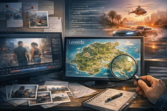 Editorial illustration of the alleged Cyberleek GTA 6 leak, showing gameplay footage and a map of Leonida