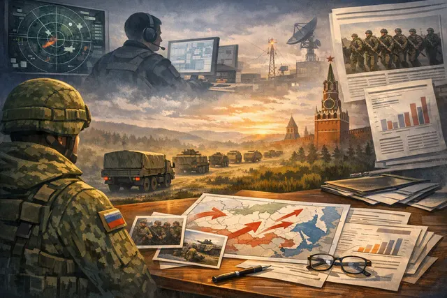 An AI-generated editorial illustration depicting a map of Russia with military mobilization symbols, legislative documents, and a calendar marking September 2026, representing the