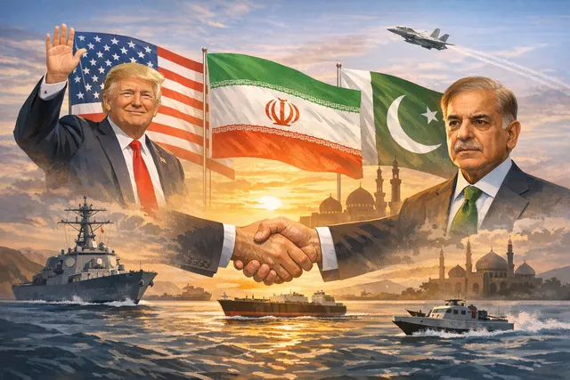 Artistic depiction of a handshake over a map of the Strait of Hormuz, symbolizing the 2026 US-Iran peace deal and the reopening of global oil shipping routes.