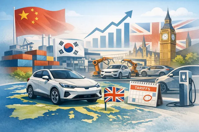 Illustration of Chinese electric vehicles on a European road, with shipping containers and factory symbols in the background representing trade routes and manufacturing