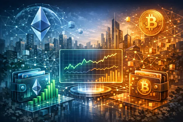 Ethereum and Bitcoin network divergence visualized with glowing on-chain wallet data charts.