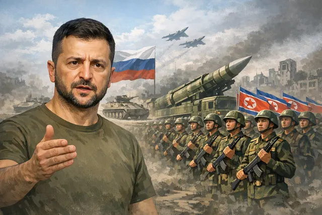 Ukrainian President Volodymyr Zelenskyy addressing the nation, with a map of Ukraine and Russia in the background, illustrating warnings about North Korean troops and weapons in Au