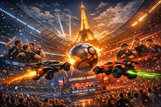 Rocket League esports scene representing Spacestation Gaming's 4–3 quarterfinal win over Shopify Rebellion at the 2026 Esports World Cup in Paris