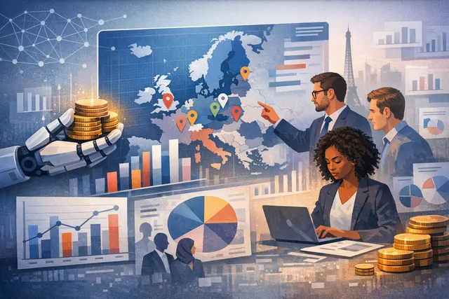 Abstract visualization of European AI startup funding records and venture capital growth in H1 2026