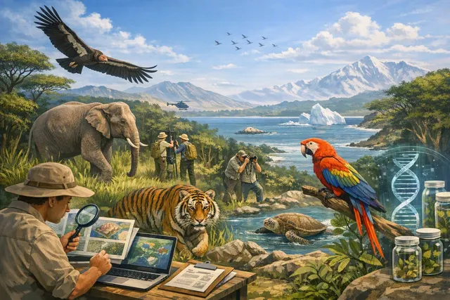 Artistic representation of endangered species silhouettes against a sunset landscape, symbolizing the Phoenix Species Project's conservation goals.