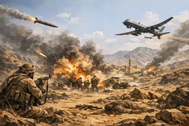 AI-generated editorial illustration of missile and drone attacks during Yemen’s latest escalation