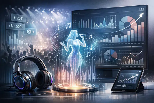 Abstract visual representing AI music generation, with flowing waveforms and digital patterns symbolizing the flood of AI-generated tracks on streaming platforms.