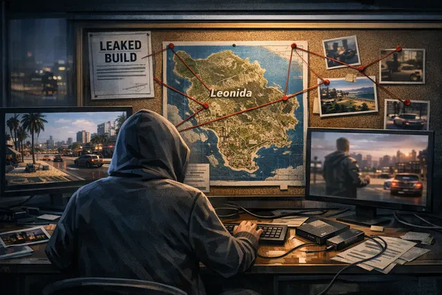 Illustrated editorial scene representing the alleged Cyberleek GTA 6 leak, with gameplay screens, a Leonida map and the word LEEK formed by bullets