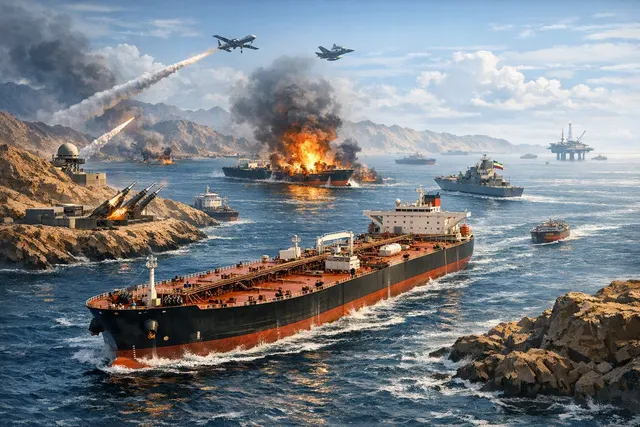 Satellite or AI-generated view of oil tankers in the Strait of Hormuz chokepoint