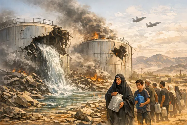 U.S. precision airstrike damage on civilian water reservoirs in Sirik, Iran, leaving a dry, cracked landscape with destroyed infrastructure under a harsh sun.
