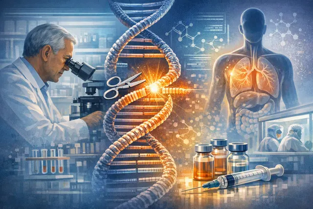 DNA double helix with gene-editing molecular scissors in a futuristic medical research laboratory setting - illustration representing CRISPR gene-editing technology and its risks