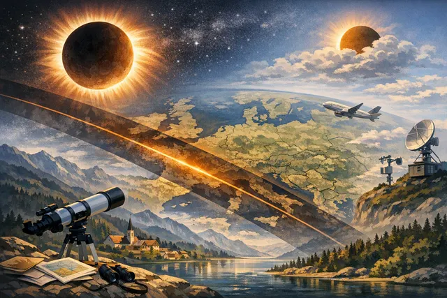 Total solar eclipse over a snowy Arctic landscape with the corona visible and a dark sky, representing the August 12, 2026 eclipse