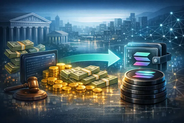 Abstract visualization of a digital blockchain network with a prominent Solana token dissolving into digital particles, representing the ongoing liquidation process by the FTX bank