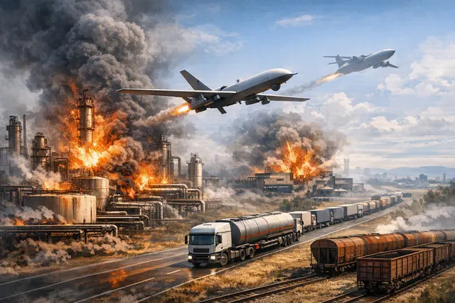 Editorial illustration of long-range drones and missiles striking oil, industrial and logistics infrastructure in Russia