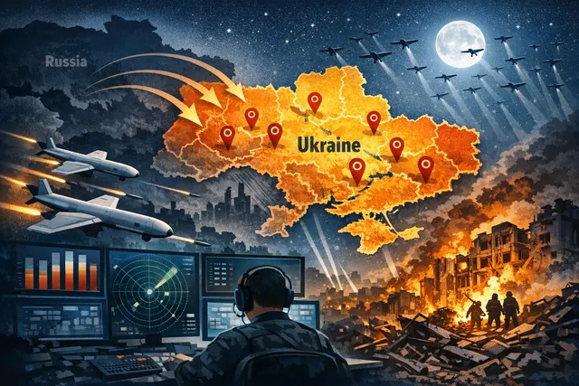 Night sky over a city with tracer fire and explosions from drone and missile strikes during a large-scale Russian aerial attack on Ukraine.