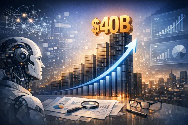 Artificial intelligence concept art showing a digital brain overlaid on financial growth charts and stock market data, representing OpenAI's $40B revenue milestone IPO trajectory.