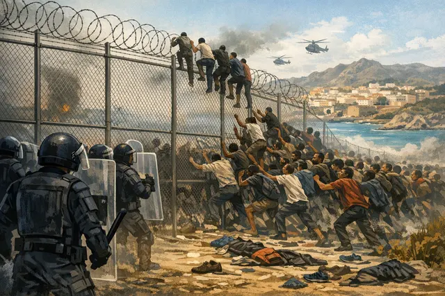 Dramatic night photo of the Ceuta border fence with Mediterranean Sea in background, symbolizing migration crisis at Spain-Morocco border