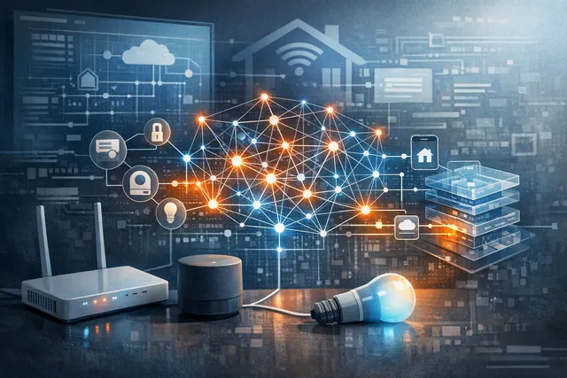 Conceptual illustration of a broadband gateway connecting Matter smart-home devices through a unified management API