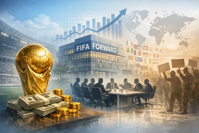 Abstract visual representation of FIFA Forward Enterprise and the opposition it faced, with soccer imagery and financial symbols.