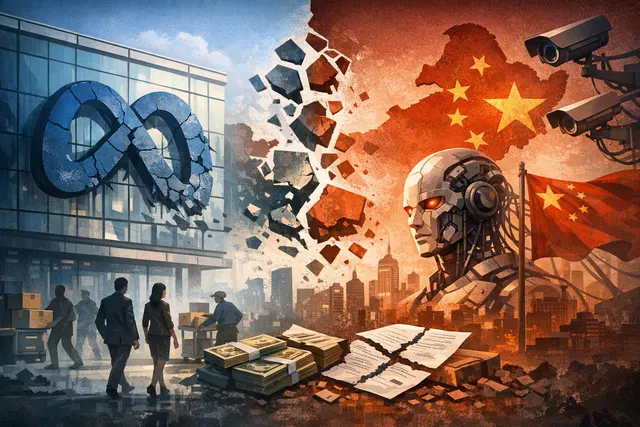 Meta logo fragmenting away from Manus startup branding, symbolizing the forced unwinding of the $2 billion AI acquisition by Beijing regulators