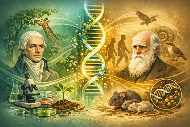 Abstract visualization of a DNA double helix intertwined with branching epigenetic marks and arrows, representing the revival of Lamarckian inheritance through modern epigenetics a