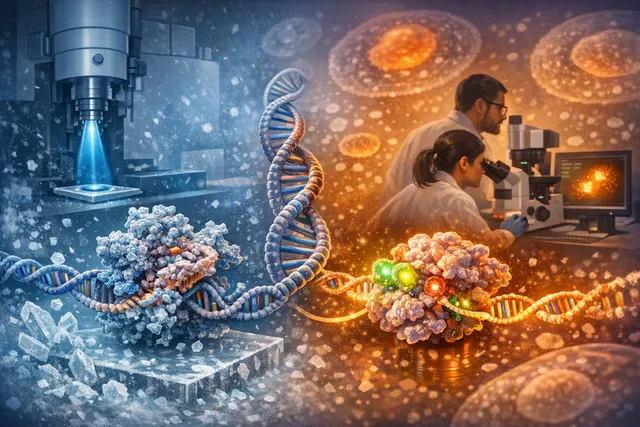 Illustration of RNA polymerase II moving along DNA with a fluorescent DNA-origami rotor