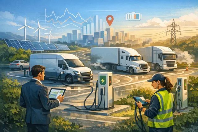 Fleet management dashboard showing mixed electric and combustion vehicle data with charging status and maintenance alerts