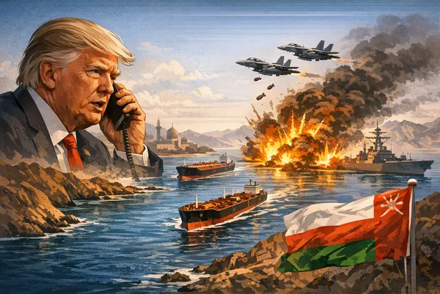 Illustration of Donald Trump and the Strait of Hormuz amid U.S.-Iran tensions and Oman negotiations