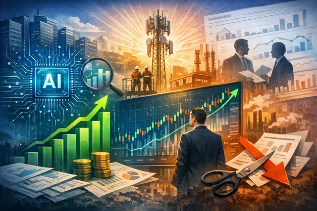 Nokia stock chart with AI data center infrastructure overlay, representing the company's AI order-driven rebound in 2026