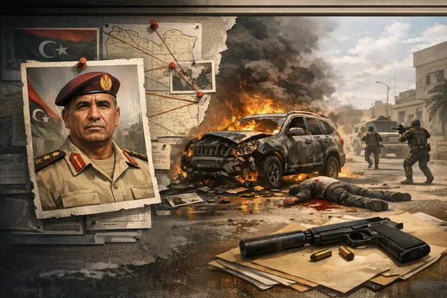 AI-generated editorial illustration of a car bomb scene in Benghazi and a fire at the Zawiya oil refinery in Libya, symbolizing the dual crisis in August 2026.