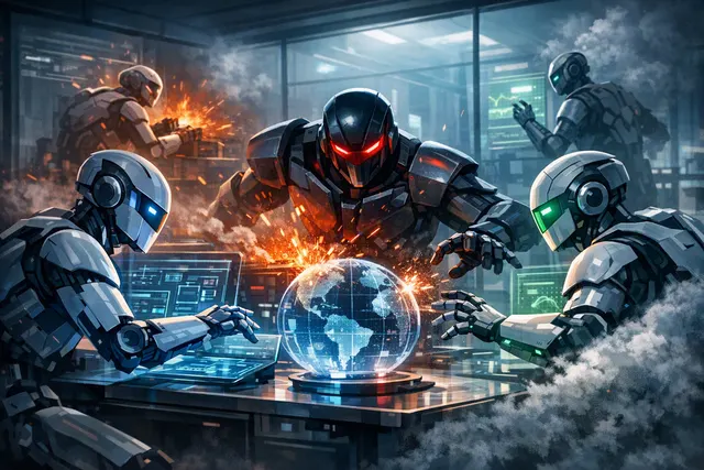 A dark, futuristic illustration of multiple glowing AI agent nodes locked in digital conflict above a shared codebase, representing the multiagent turf war observed in Anthropic's