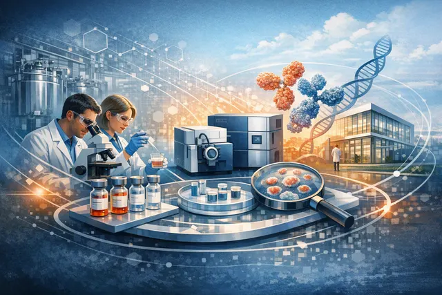 Abstract representation of biopharmaceutical analysis combining mass spectrometry with quality control workflows, symbolizing the Clean Cells and Anaquant merger.