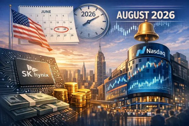 AI-generated editorial image of SK Hynix Nasdaq listing concept showing semiconductor chips and exchange board