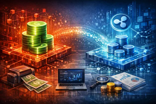 Conceptual image representing Tether and Ripple stablecoin minting on Tron and XRP Ledger blockchains, with XRP whale accumulation signals.