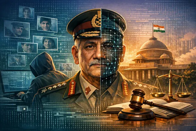 Conceptual illustration of India's new anti-deepfake law showing a digital shield against AI-generated disinformation targeting military leadership