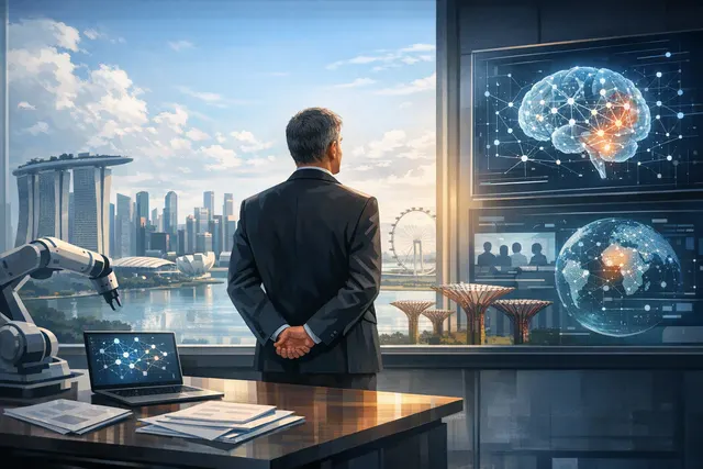 Editorial illustration of Christian Wolfrum leading Singapore's national AI strategy, with connected research, industry and Southeast Asian language technology motifs