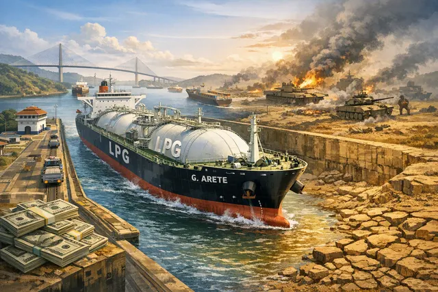 Editorial illustration of an LPG tanker approaching the Panama Canal amid congestion and rising transit auction prices