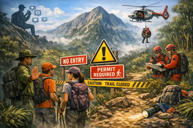 Hikers on a mountain trail in Malaysia with Mount Kinabalu in the background