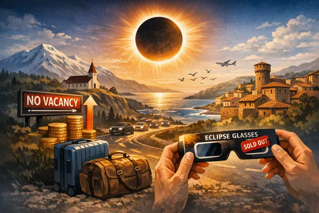 A dramatic illustration of the Moon passing in front of the Sun during a total solar eclipse, with glowing solar corona visible around the dark silhouette.