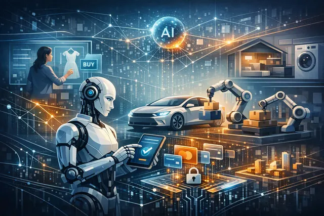 Abstract illustration of AI agents and connected machines exchanging digital payments across a global network