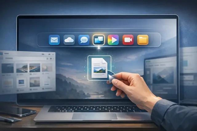 Conceptual illustration of Windows 11’s Drag Tray file-sharing overlay appearing at the top of the screen