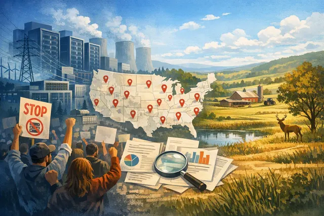 Illustration showing a protest sign against data centres in front of a server farm, symbolizing the US grassroots movement and the governance divide with Asia
