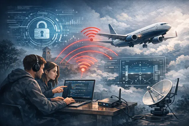 Conceptual illustration of a coin-sized hardware implant connected to a Boeing 737 external maintenance port, with data streams showing altered waypoints and flight data.