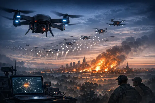 Illustration of an AI-guided drone swarm approaching Moscow-area airports