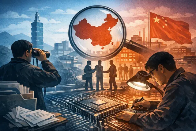 Editorial illustration of Taiwan investigating Chinese technology companies over alleged semiconductor talent poaching