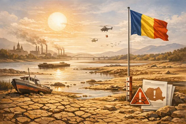 AI-generated visual of dry riverbed and power plant cooling towers, illustrating the Danube drought and nuclear energy crisis.