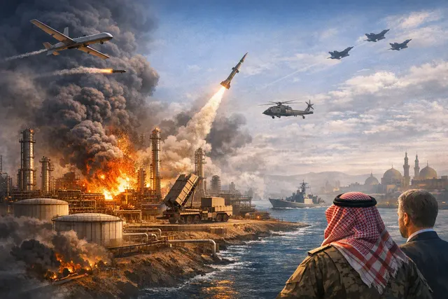 Aerial view of the Saudi Aramco Jazan oil refinery on the Red Sea coast, with smoke rising from a fire after a Houthi drone attack in August 2026.