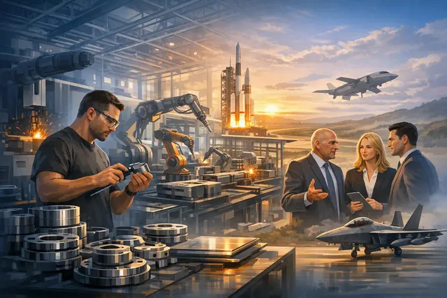 A conceptual image of an automated, AI-guided defense manufacturing facility with robotic arms, computer screens, and precision metal parts for the Hadrian defense tech startup.